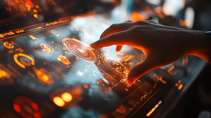Poster - Close-up of a hand interacting with a futuristic, glowing orange touchscreen interface.  Complex data and controls are displayed, suggesting advanced technology.