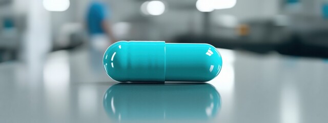 Poster - Bright Blue Capsule on Reflective Surface in Modern Laboratory Setting
