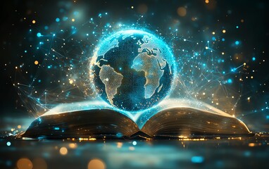 Poster - Open book with the globe on top, light beams and data connections radiating from it, symbolizing global knowledge and technological advancement, generative AI illustration