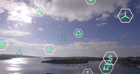 Poster - Animation of hexagonal icons for renewable energy over coastal landscape at school