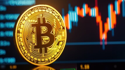 Poster - reflective bitcoin coin with price chart in background