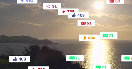 Poster - Sunset view over coast with animated social media notifications appearing