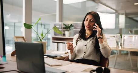 Poster - Finance, laptop and phone call with business woman in office for accounting or bookkeeping schedule. Computer, conversation and update with happy accountant at desk in workplace for wealth management