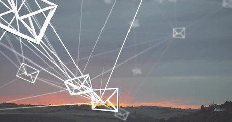 Poster - geometric shapes and lines animating over scenic sunset landscape in background