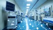 © ali - Modern hospital corridor with medical equipment and technology overlay.