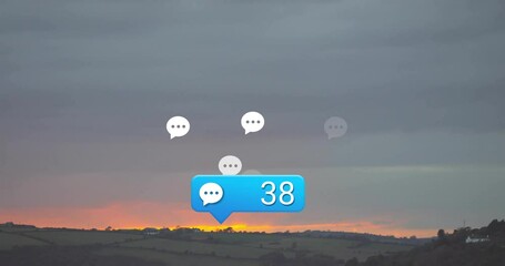 Poster - Chat bubbles and notification icon animation over scenic sunset landscape