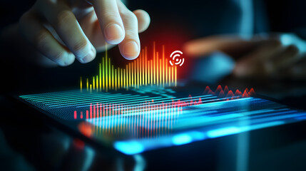 Poster - A hand interacts with a digital tablet displaying vibrant, dynamic data graphs and charts, symbolizing data analysis, technology, and market trends.