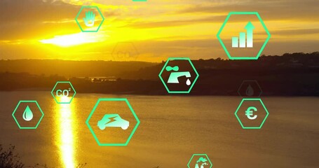 Poster - Animation of hexagonal icons with environmental symbols over sunset lake scene