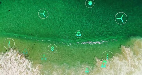 Poster - Animation of environmental icons overlaying ocean waves meeting sandy shore