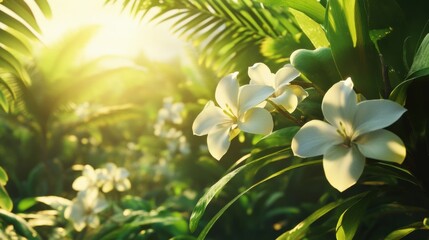 Poster - Lush green vanilla plantation with delicate white orchid flowers basking in sunlight in warm organic aesthetic atmosphere