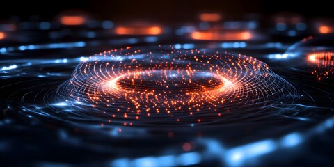 Poster - Abstract Digital Waves with Glowing Particles and Mesh Patterns