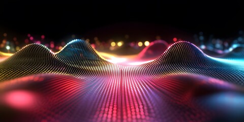 Poster - Colorful Waves of Light and Digital Particles in a Dark Background