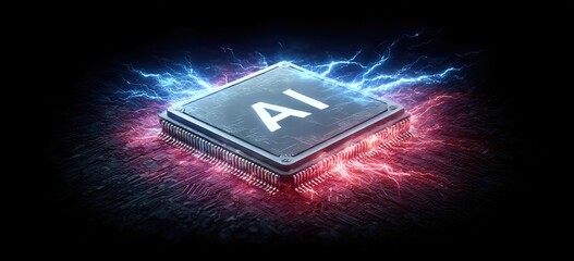 Poster - AI Microchip with Blue and Red Energy Sparks on Dark Background