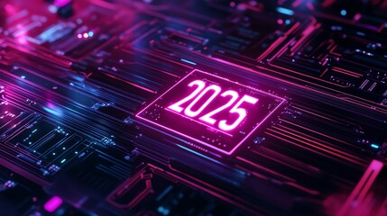 Poster - Digital Circuit Design Featuring the Futuristic Year Indicator 2025 in Vibrant Pink Neon Within a Technology Background