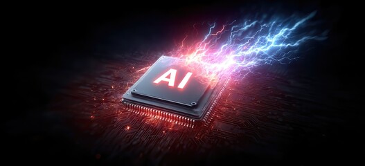 Poster - AI Microchip with Red and Blue Energy Bursts