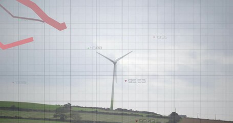 Poster - In countryside, wind turbine with data graph animation overlaying landscape