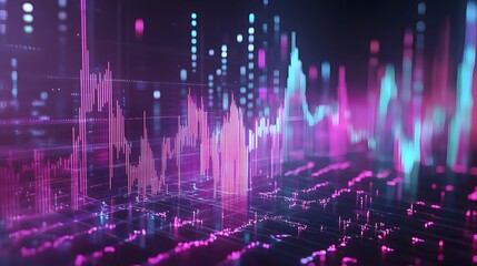 Poster - Abstract 3D rendering of glowing pink and blue data streams and stock market charts.  Visual representation of financial data, technology, and digital trends.