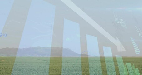 Poster - Bar graph and arrow animation over green field with mountains in background