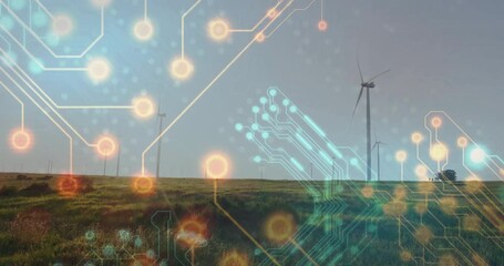 Poster - Wind turbines generating power with digital circuit animation overlay in open field