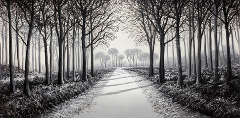  serene black and white landscape featuring tranquil pathway through forest. trees are tall and bare, creating peaceful atmosphere. light filters softly through branches, enhancing calmness