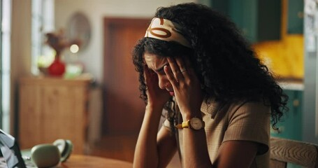 Poster - Headache, student and woman with laptop, home and stress for deadline of assignment or scholarship. Education, pain and person with migraine for exam, thinking and anxious for project, online or dorm
