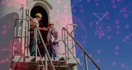 Poster - Construction workers on platform with digital network animation over blue sky