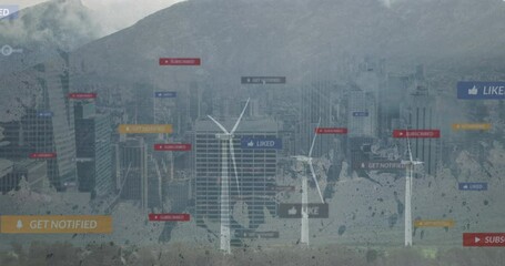 Poster - Wind turbines and skyscrapers with social media notifications overlay animation