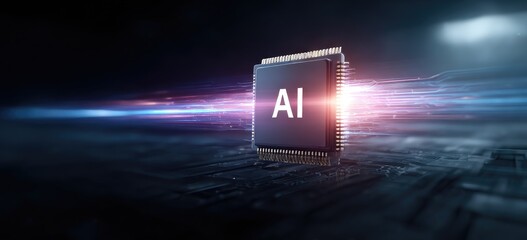 Poster - Glowing Ai Microchip with Light Streaks on Dark Background