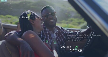 Poster - Couple enjoying car ride with digital code and graphics overlay animation