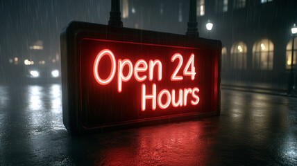 Aufkleber - Open 24 hours neon sign glowing in rain, illuminating bustling city street