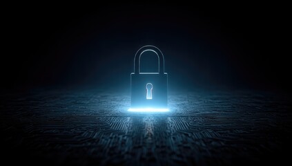 Poster - Glowing Padlock on Dark Blue Circuit Board Background