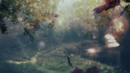 Poster - Sunlight filtering through trees, leaves falling gently in serene forest animation