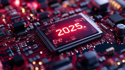 Leinwandbilder - Modern Circuit Board With Illuminated Microchip Displaying Futuristic Year 2025 in Vibrant Red Tones