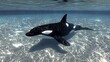 © salep - Orca swimming in shallow, crystalline waters, sunlight dancing on sandy ocean floor