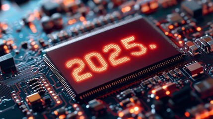 Poster - Digital Circuit Board Showcasing the Year 2025 in Bright Red Display With Intricate Electronic Components