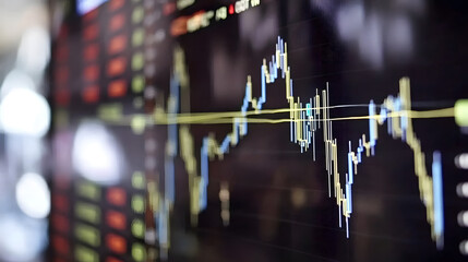 Poster - Close-up shot of a stock market chart displayed on a computer screen.  Fluctuating lines and data points show market trends and financial data.  Blurred background suggests a busy trading environment.