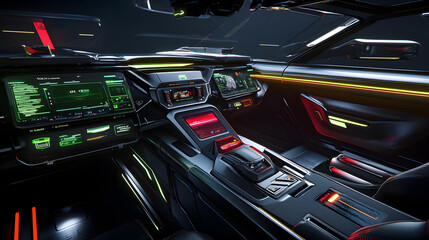 Poster - Futuristic car interior with glowing neon accents and advanced digital displays. Sleek, dark design with high-tech features.  Concept vehicle dashboard.
