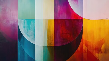 Poster - Abstract geometric rainbow background with layered overlapping translucent shapes and vibrant hues. No text, no people.