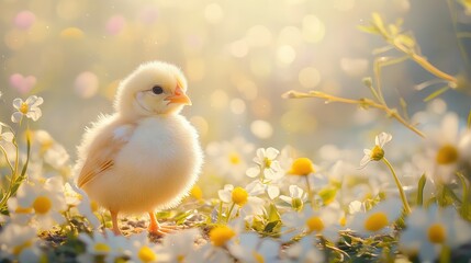 Poster - Adorable chick standing among colorful spring flowers, bright and happy atmosphere with open space.