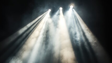 Poster - A bright concert spotlight casting light through smoke, with visible light rays spreading across an empty stage. No text, no people.