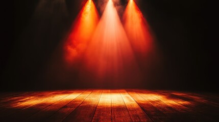 Poster - A warm orange spotlight beam focused on the stage floor, surrounded by darkness and creating a sense of depth. No text, no people.