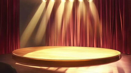Poster - Classic wooden theater stage with warm golden spotlight shining down, dramatic shadows, and deep red velvet curtains. No text, no people.