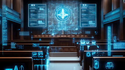 Poster - a futuristic ai powered virtual courtroom with holographic legal documents and digital judges overse
