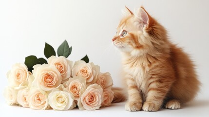 Poster - Fluffy kitten sitting beside a bouquet of pastel roses on a white background, soft natural lighting, and plenty of copy space.