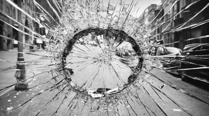 Fototapete - Glass pane shattered by force with irregular breakage and sharp reflections, forming a dramatic scene with open space for text. No text, no people.