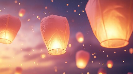Poster - Glowing lanterns floating in a night sky, casting a soft warm glow with a dreamy, peaceful atmosphere. No text, no people.