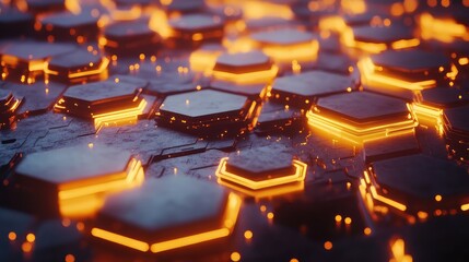 Poster - Glowing neon hexagons floating in dark space, arranged in a futuristic sci-fi pattern with copy space in the center. No text, no people.