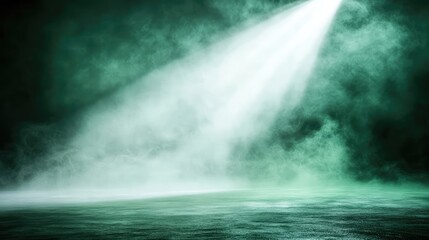 Poster - Green spotlight cutting through mist, with beams of light shining through the fog, creating a dreamy and mysterious atmosphere. No text, no people.