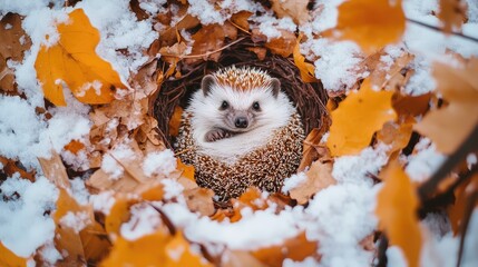 Poster - Hedgehog curled up in a winter nest made of snow and leaves, cozy and soft winter background.