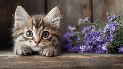 Poster - Kitten lying on a wooden surface next to a bouquet of fresh wildflowers, warm and inviting copy space.